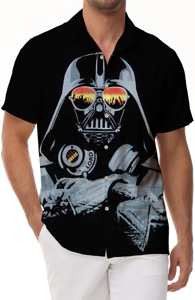Japanese general black print pattern men's retro classic vacation beach Hawaiian lapel pocket button short sleeve