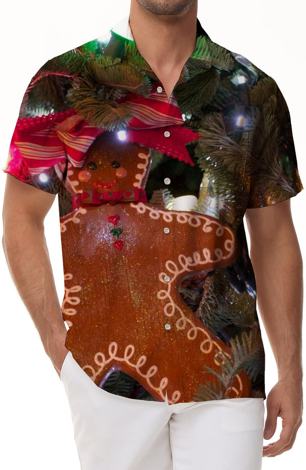Smiling gingerbread print casual summer men's button-down shirt short sleeve Cuban top Hawaii beach fun