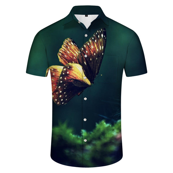 
Green floral butterfly summer tropical men's casual button shirt short sleeve trendy shirt print pattern
                