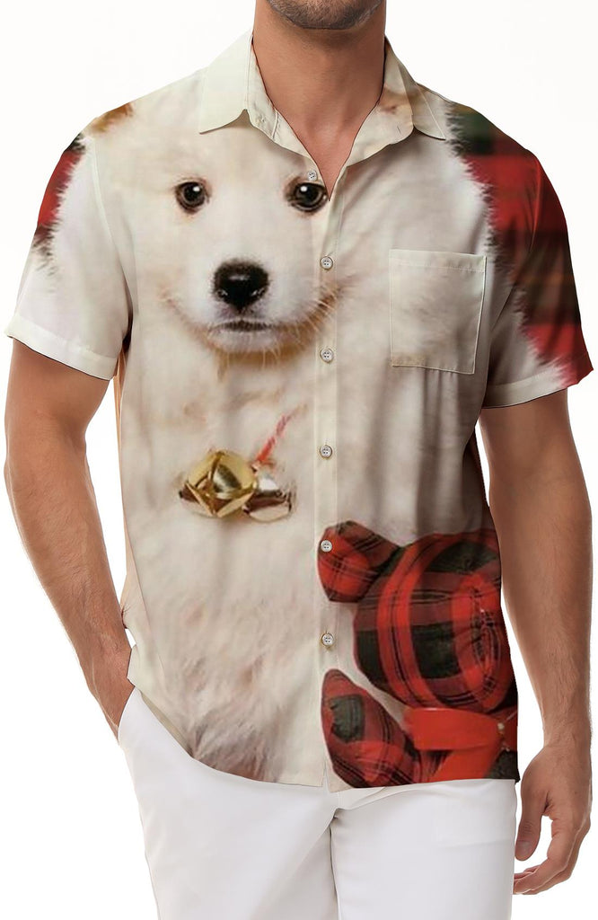 American Eskimos Dogs Men's Hawaiian Shirt Short-Sleeve Button Down Shirt Tops for Casual Beach Vacation