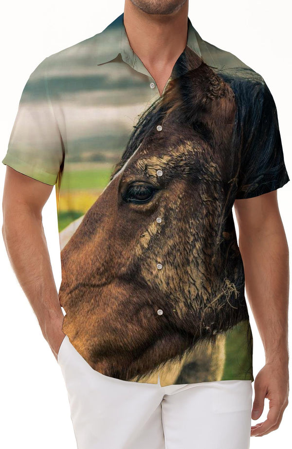 Horse portrait with brown horse men's Hawaiian shirt short sleeve button down shirt summer tops