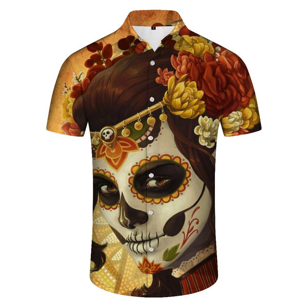 
Day of the Dead Wood Retro Skull Pattern Print Men's Casual Loose Hawaiian Button Lapel Fashion Short Sleeve Shirt Men
                