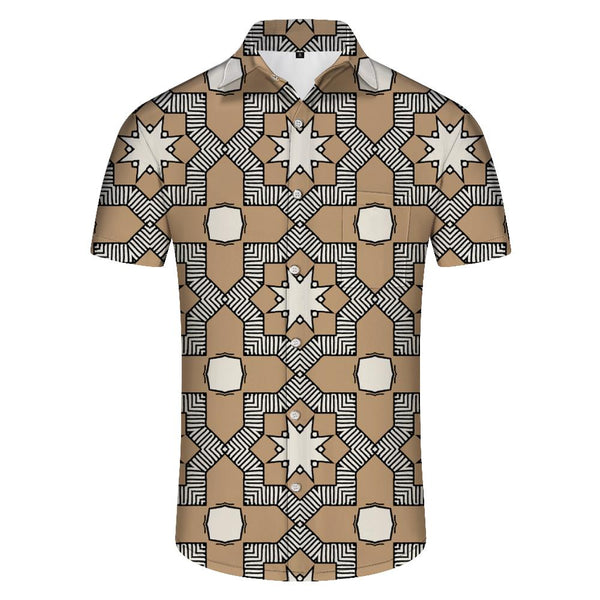 
Geometric pattern light brown fashion four seasons Hawaiian button lapel men's casual daily travel vacation shirt short sleeve
                
