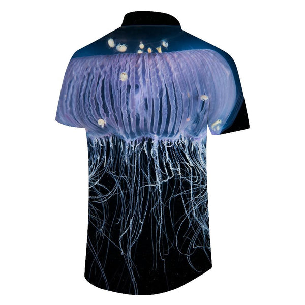 
Black deep sea purple transparent jellyfish ocean print men's casual loose collar short sleeve shirt short sleeve
                