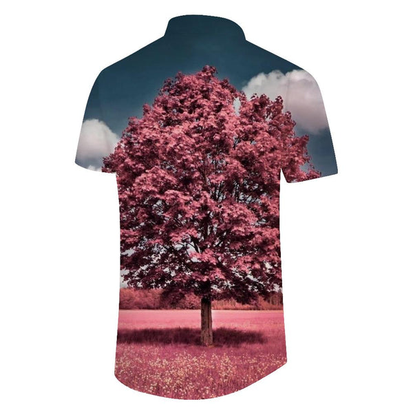 
Fairy tale pink trees cool men's casual loose short-sleeved shirt Hawaiian Haikou lapel button-down short-sleeved shirt trees
                