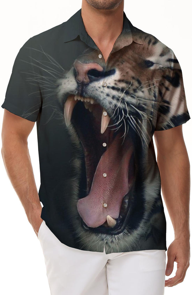 Roaring Fangs Tiger Short Sleeve Hawaiian Shirt Casual Men's 3D Tiger Stripe Dark