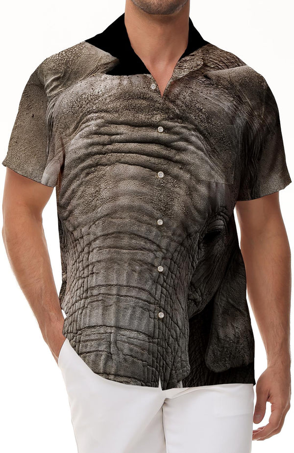 Wildlife Men's African Elephant Print Short Sleeve Button-Down Shirt Casual Hawaiian Button-Down Regular Fit