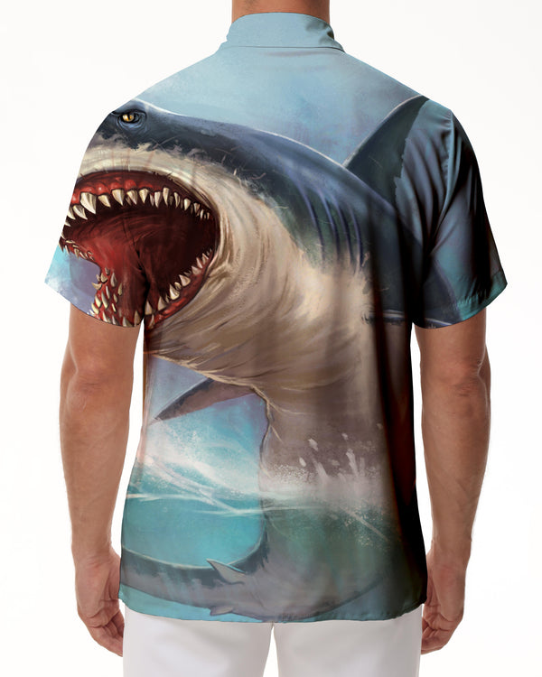 
Fierce Shark Print Shirt Men's Outdoor Button Summer Pocket Lapel Ocean Vacation Shirt
                