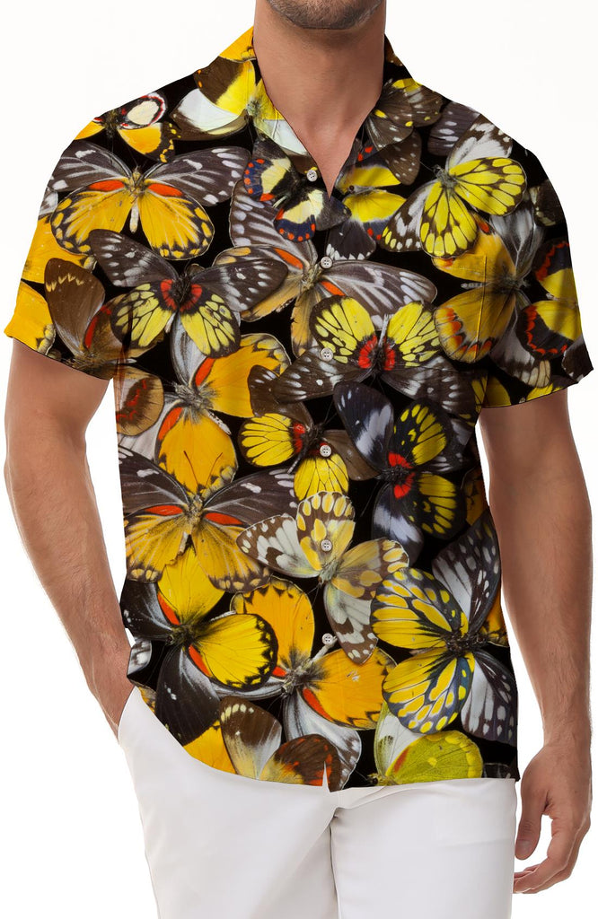 Retro Colorful Butterfly Men's Printed Summer Shirt Short Sleeve Lapel Pocket Beach Holiday Casual Clothing