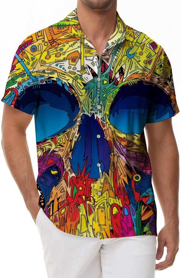 Colorful digital printing men's casual shirt personality design skull shirt summer loose short sleeve fashion Halloween skull lapel button shirt top short sleeve