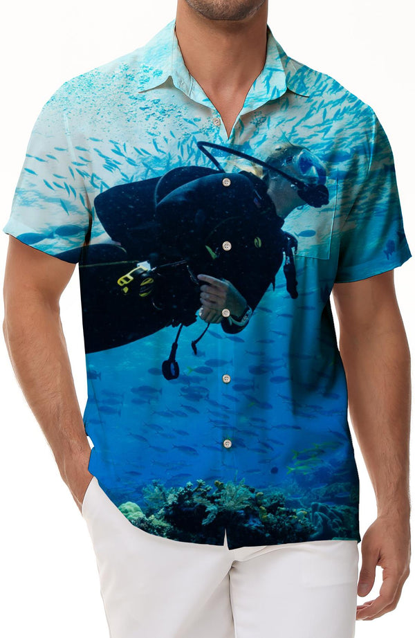 Summer coastal men's Hawaiian shirt personality coral fish seaside beach fashion short-sleeved shirt diving