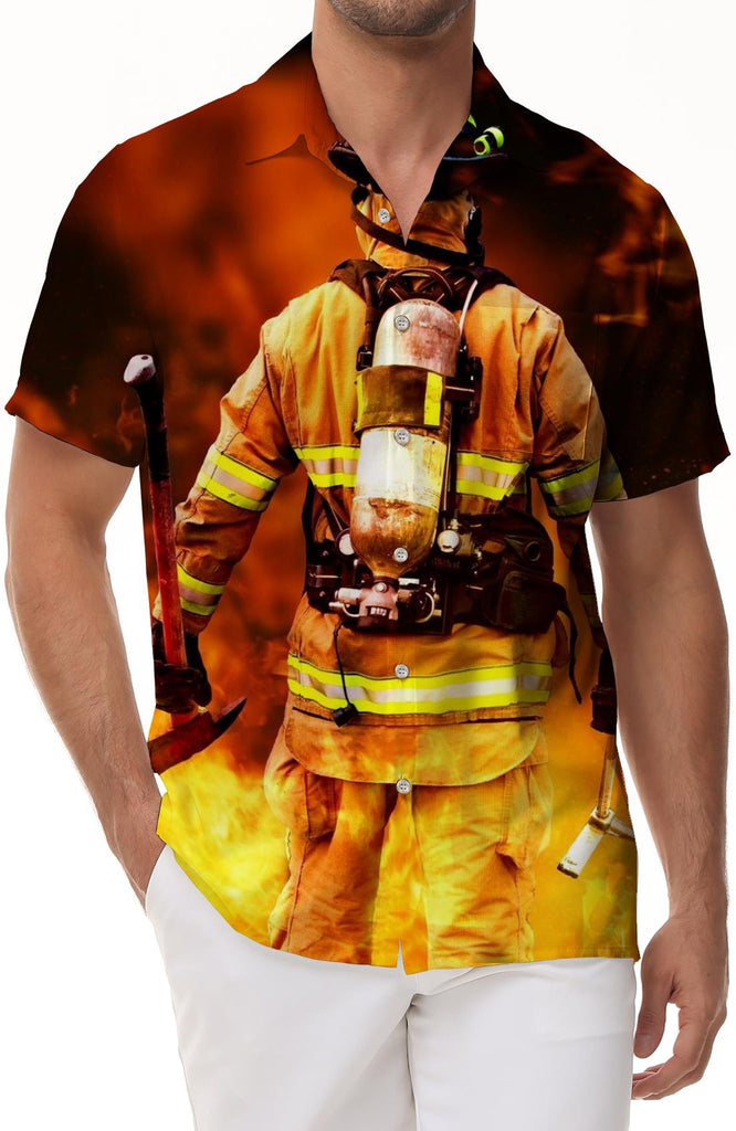 Male firefighter soldier 3D printed men's loose fashion casual lapel short-sleeved vacation beach clothing