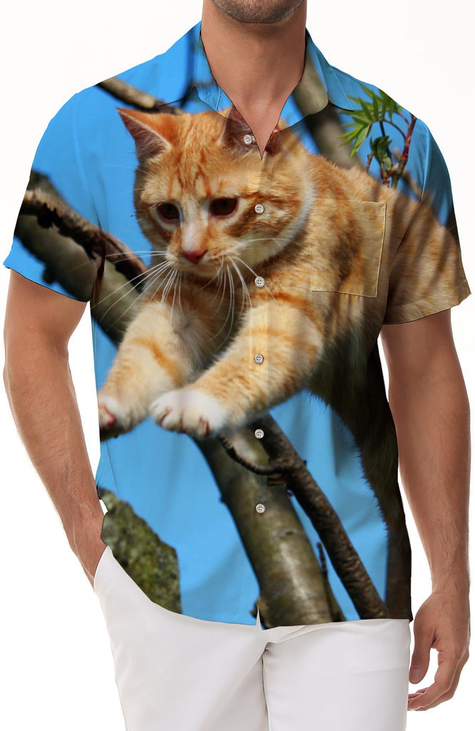 Cute and cute kitten pattern print Hawaiian fun men's casual loose daily vacation travel tops
