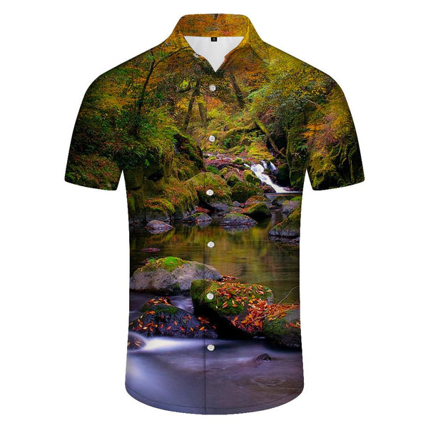 
Nature 3D digital flower print pattern button-down lapel men's short-sleeved shirt men's summer casual
                