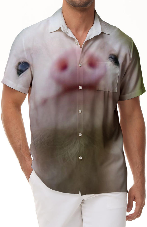 Sweet and Cute Piglet Top Style Collar Short Sleeve Shirt Men's Casual Button-down Hawaiian Short Sleeve Beach Pink