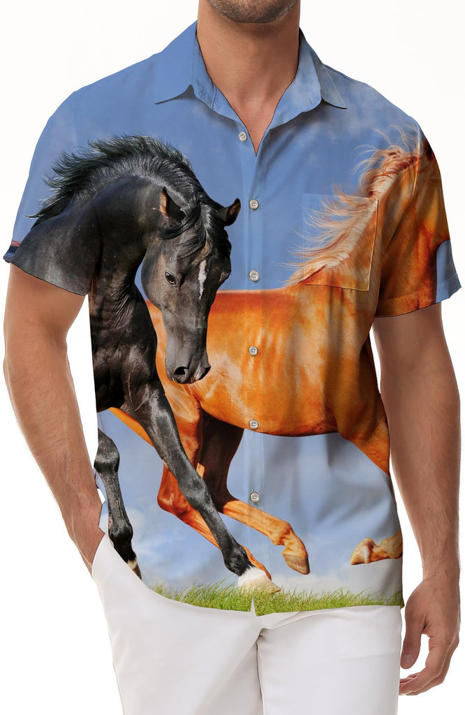 Printed horses running on the grass short sleeve casual fashion men's tropical Hawaiian button pocket lapel shirt retro style