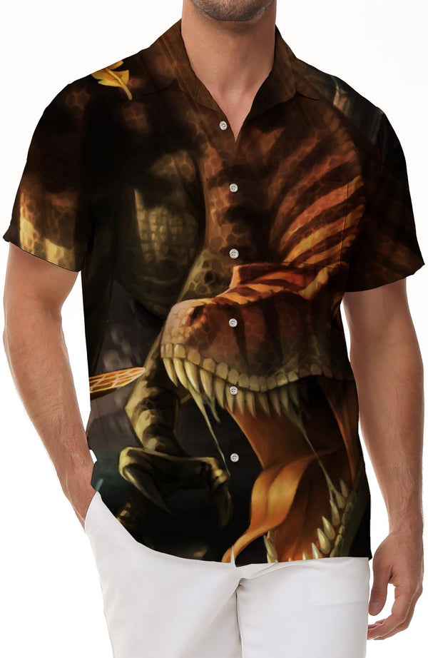 Dinosaur Tropical Plants Button Down Short Sleeve Hawaiian Shirt Regular Fit Beach Summer Top