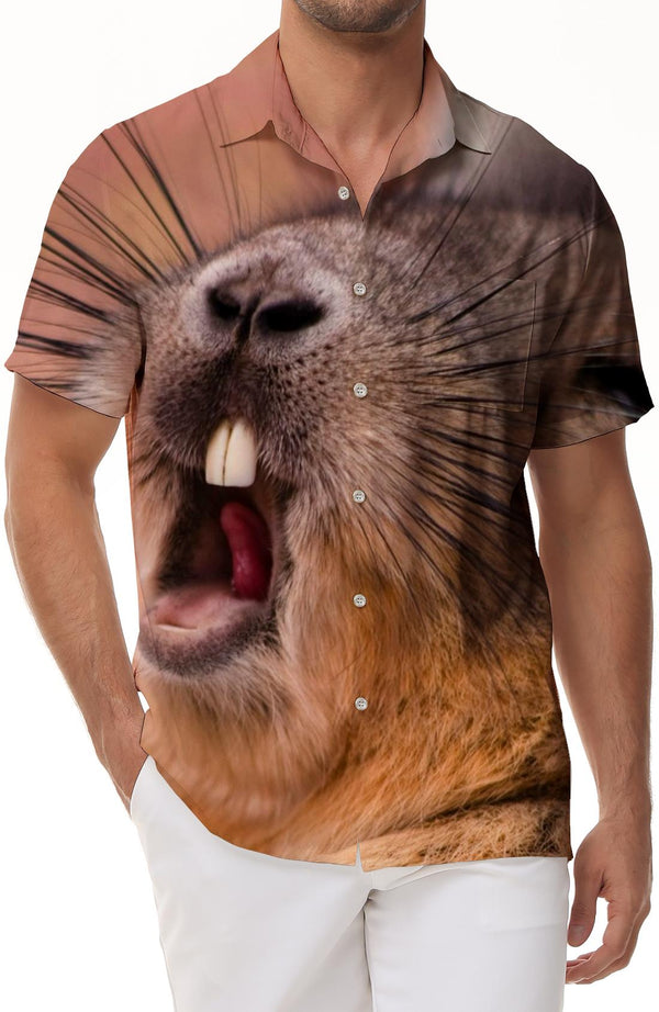 Cute and funny beaver animal men's Cuban collar shirt casual button down shirt short sleeves vacation beach