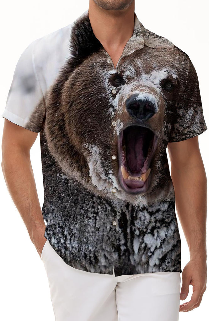 Casual fun pattern print short sleeve loose men's snow roar brown bear Hawaiian button lapel shirt hip hop