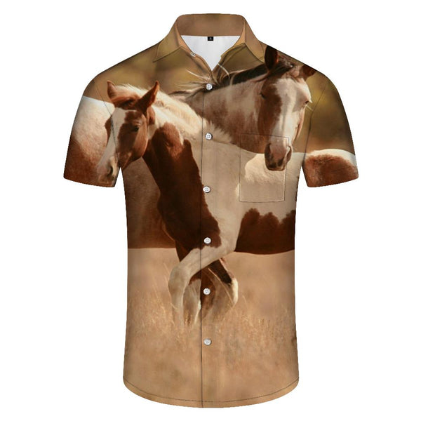 
Two tall horses on the prairie 3D digital printing cool fashion button-down tropical Hawaiian style short-sleeved shirt
                