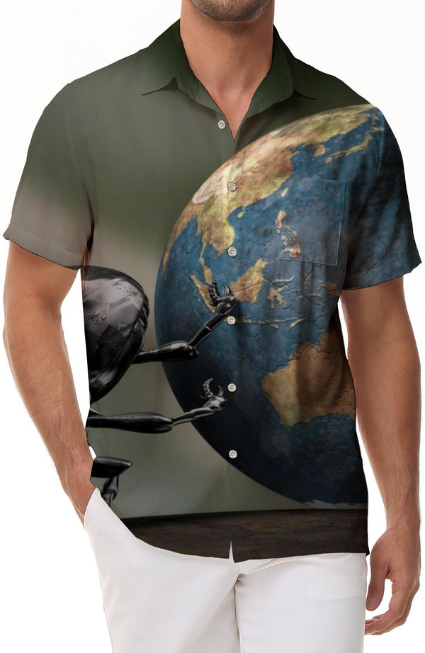Earth Model Bugs Casual Buttons Personalized Art Men's Casual Short Sleeve Shirt Hawaii Four Seasons Daily Travel Short Sleeve Shirt Vacation
