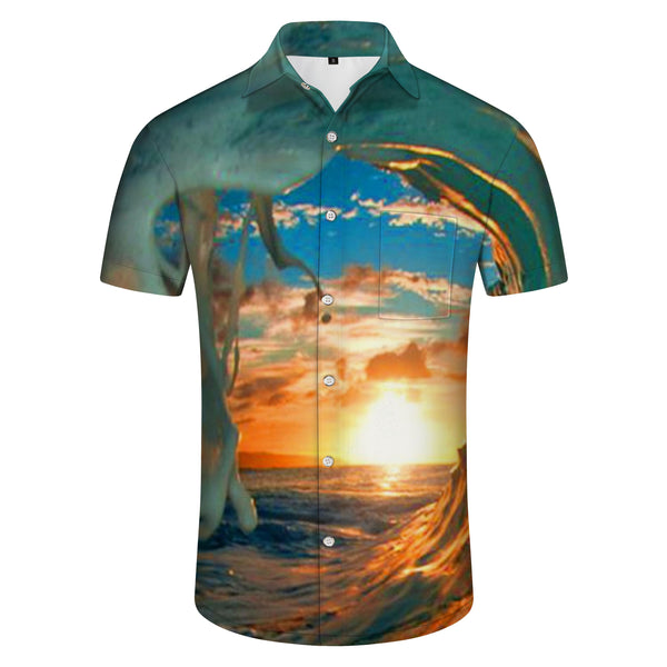
Ocean sunset scenery men's casual shirt short sleeve regular version fashion camping beach shirt top
                