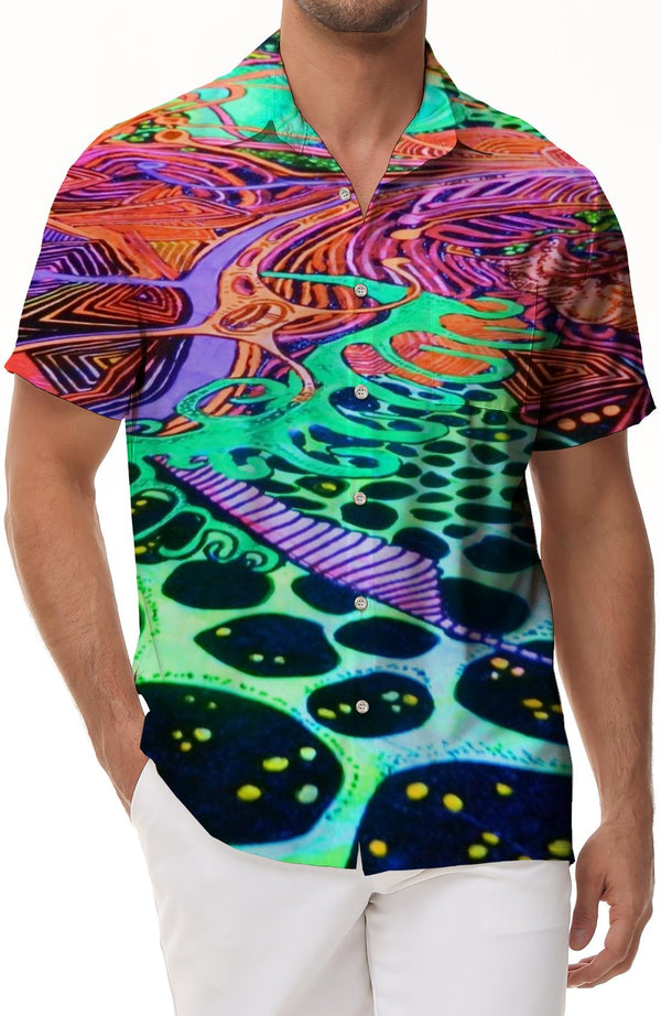 Colorful pattern fashion short sleeve Hawaiian button lapel pocket casual regular style men's leisure loose seaside vacation play