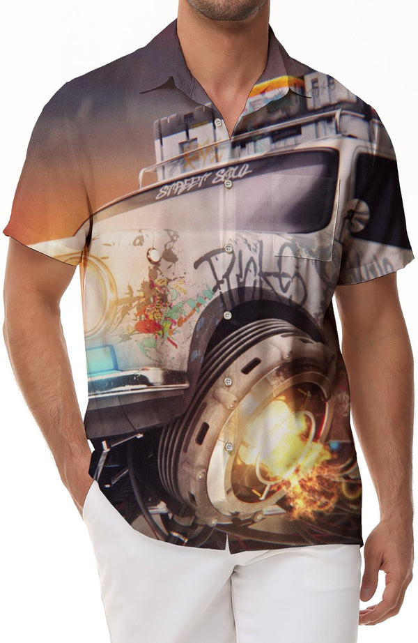 Cool Wild Adventure Car Men's Hawaiian Shirt Short Sleeve Button Casual Shirt Tropical Fish