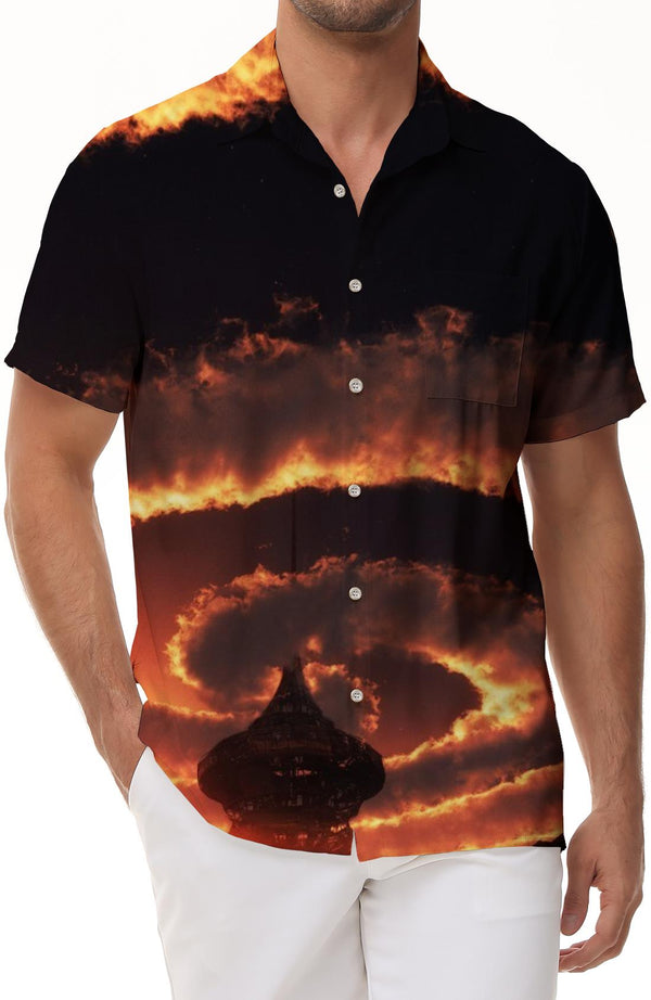 Landscape Clouds Hawaii Tropical Four Seasons Beach Shirt Button Lapel Pocket Men's Casual Loose Short Sleeve Shirt Daily Travel