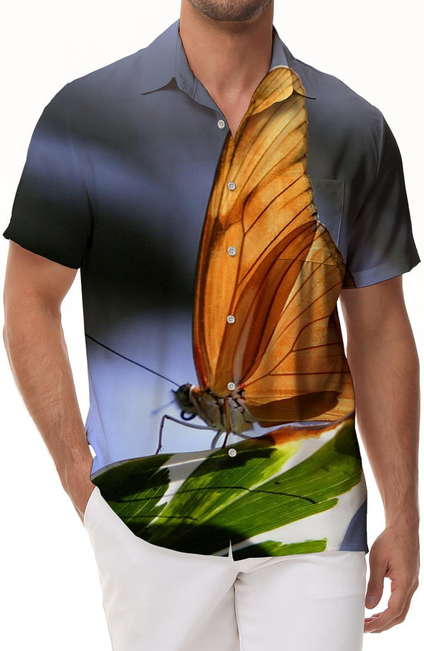 Sunshine Tree Butterfly Casual Men's Short Sleeve Hawaiian Shirt Summer Vacation Shirt Butterfly Oil Painting