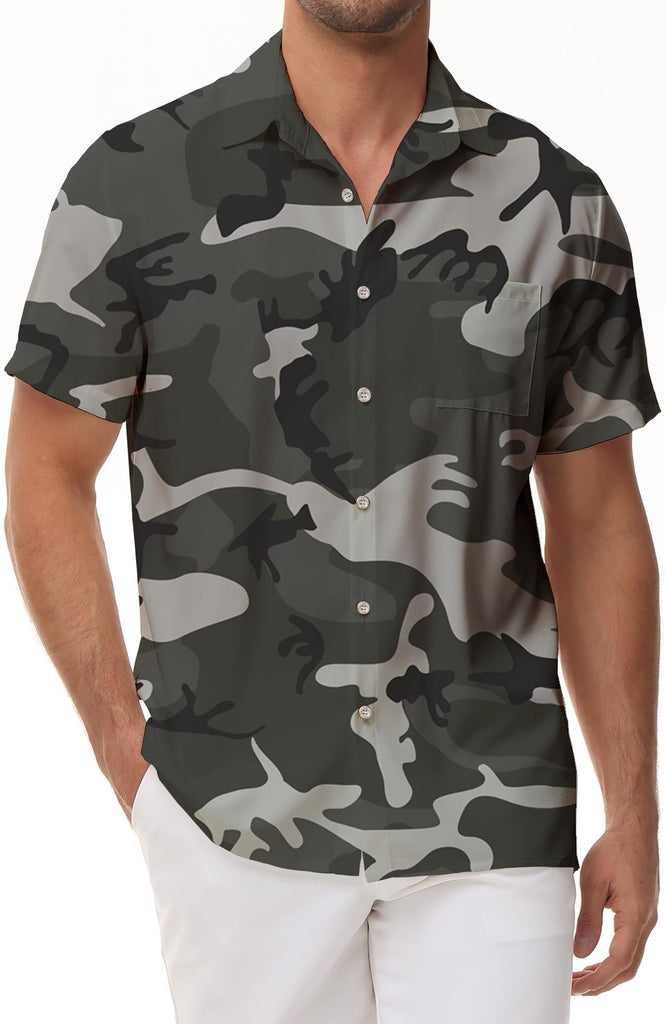 Gray camouflage 3d print men's outdoor shirt Hawaiian tropical lapel button seaside beach shirt short sleeve