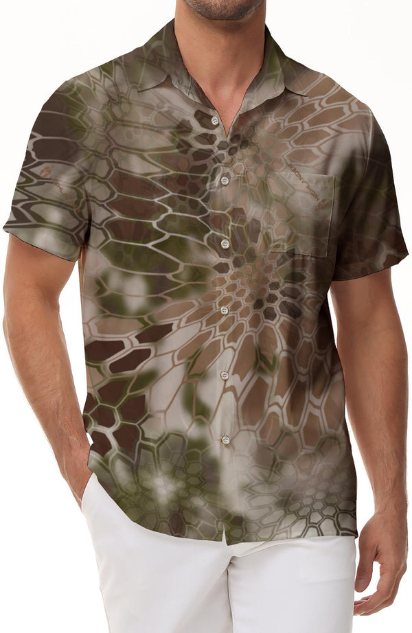 Brown Snakeskin Style Mens Casual Hawaiian Comfort Breathable Covert Camouflage Hunting and Fishing Shirt