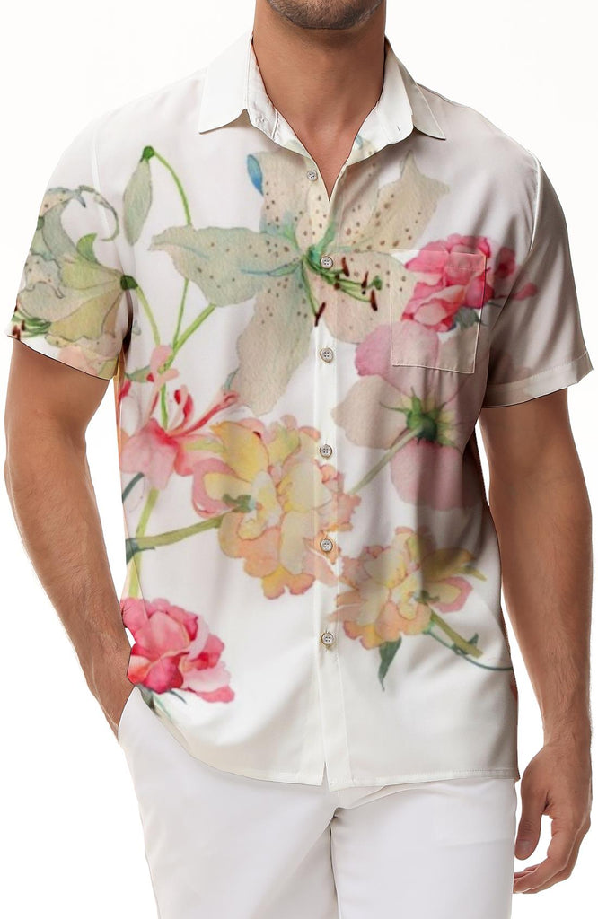 Artistic floral regular style fashionable and elegant short-sleeved shirt Hawaiian button lapel pocket casual and comfortable shirt men's tops
