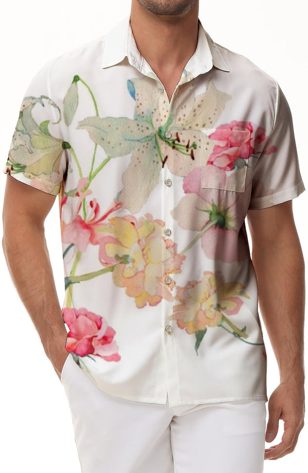 Artistic floral regular style fashionable and elegant short-sleeved shirt Hawaiian button lapel pocket casual and comfortable shirt men's tops