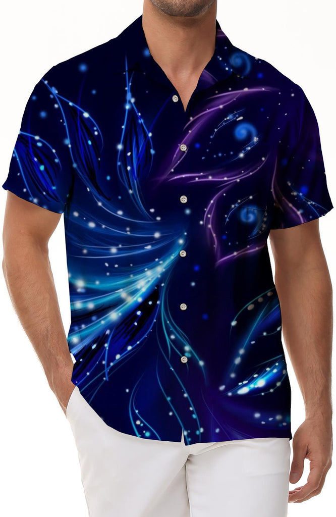 Navy Blue Artistic Petals Galaxy Print Men's Regular Cuban Collar Short Sleeve Shirt with Pockets and Button Closure