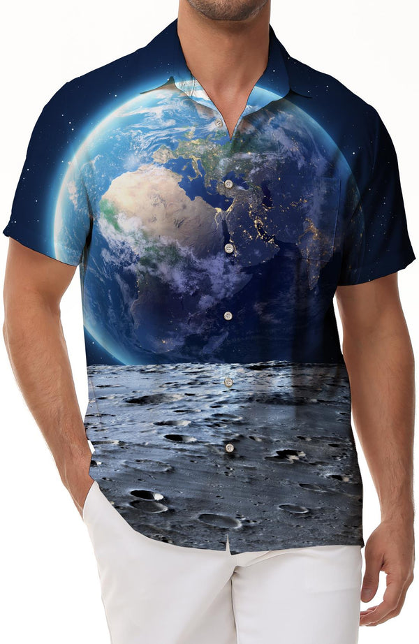 Universe Space Earth Hawaiian Tropical Lapel Men's Short Sleeve Shirt Button Shirt with Pockets