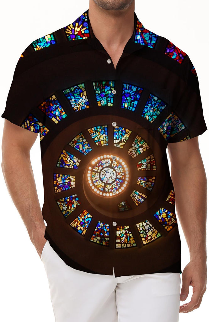 Beautiful colorful spiral glass beach seaside fashion short sleeve regular style men's tropical Hawaiian button pocket ocean clothing style