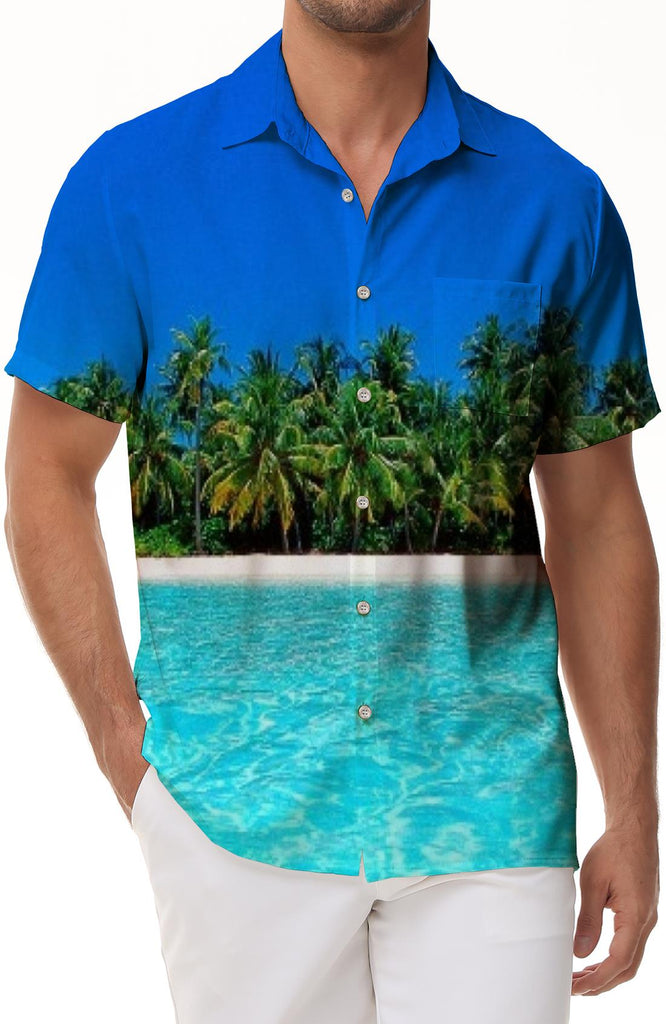Blue tropical seaside fashion casual Hawaiian style 3D digital flower print button men's summer casual shirt