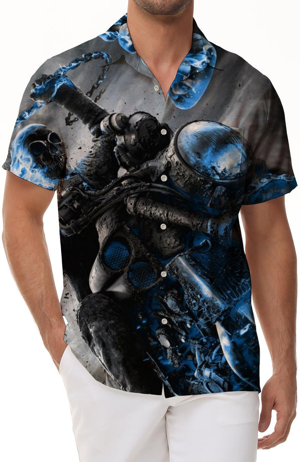 Blue Flame Hell Skull Man Hawaiian Button Pattern Men's Short Sleeve Casual Shirt Retro Top Fashion Summer Loose