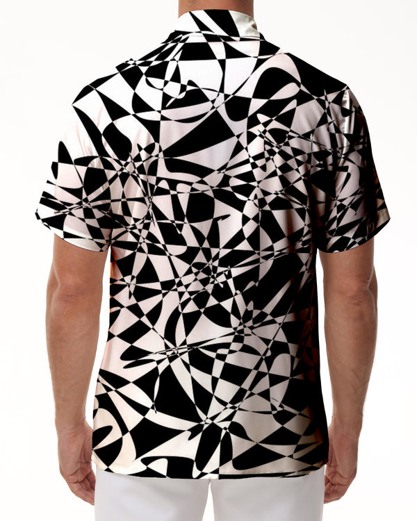 
Fashion black and white geometric print Hawaiian shirt men's short-sleeved casual tops summer vacation essential fashion clothing
                