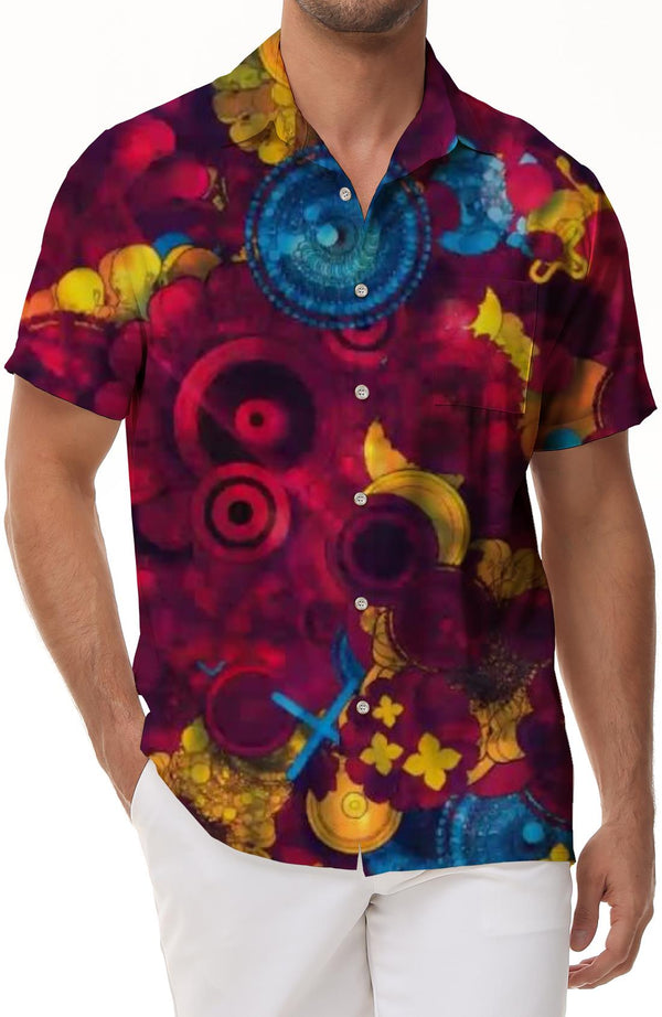 Mixed Color Personalized Abstract Fashion Hawaiian Shirt Vintage Men's Casual Loose Polyester Short Sleeve Button