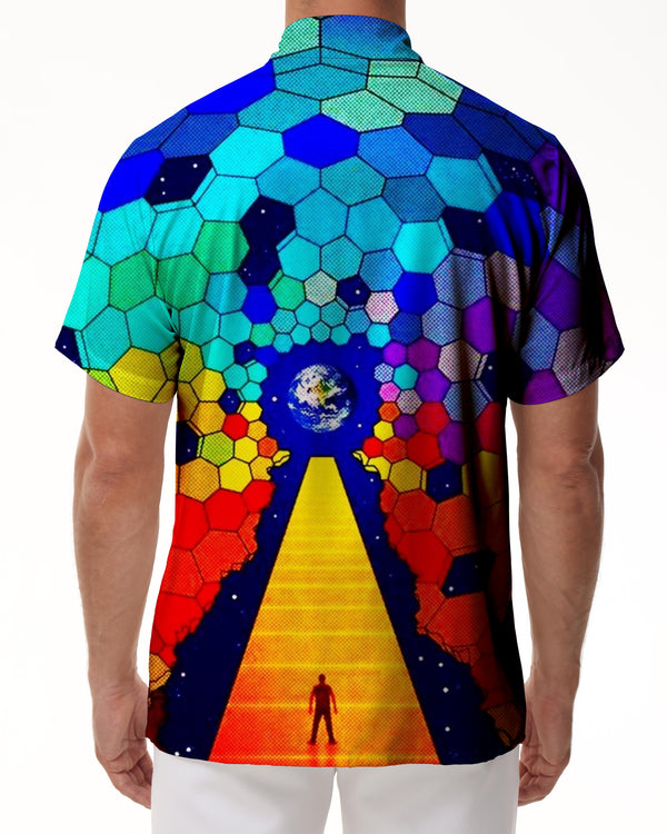 
Abstract personalized geometric fantasy space men's Hawaiian shirt colored glass summer short-sleeved shirt button casual beach
                