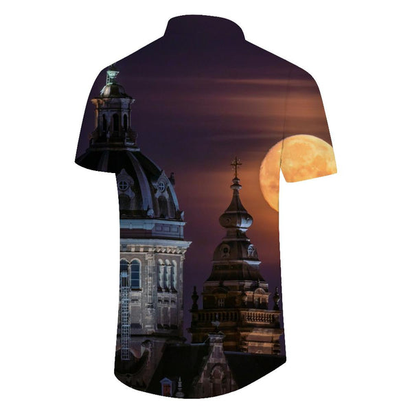 
Italy St. Nicholas Church beautiful scenery men's leisure vacation daily travel Hawaiian button lapel short-sleeved shirt pocket
                