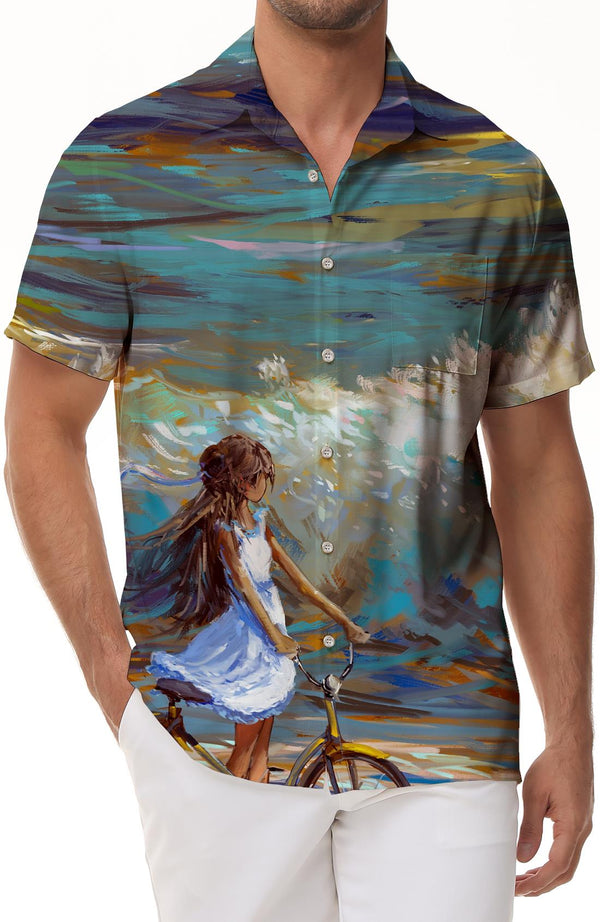 
Oil painting art cartoon bicycle seaside bike and flowers men's short sleeve shirt casual short sleeve button down shirt suitable for summer beach
                