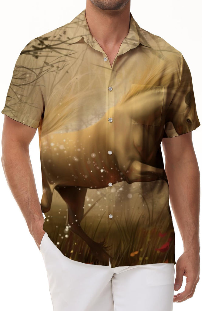 Horses in the desert steppes Sandstorm Men's button-down shirt with short sleeves and lapel Short-sleeved summer loose sports tops