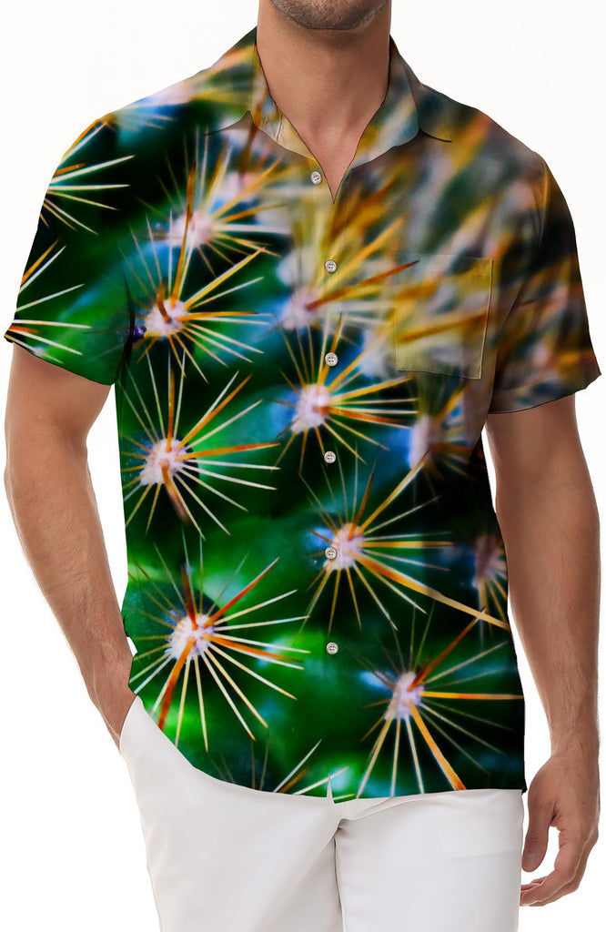 Desert thorny green cactus hip-hop fun trend plant casual short-sleeved shirt men's vacation beach seaside button lapel pocket short-sleeved shirt Hawaii