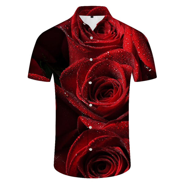 
Red rose pattern fashion men's romantic loose short sleeve shirt suitable for wedding party dance performance beach party
                