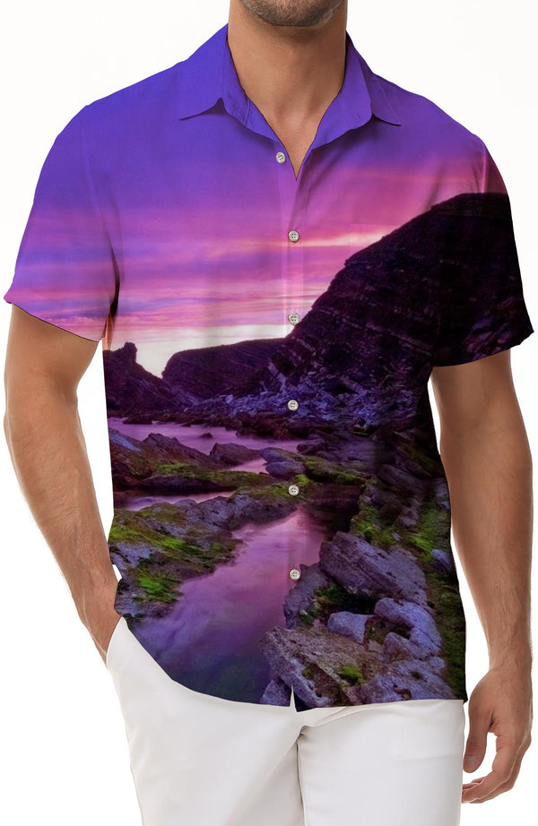 Purple Clouds Mountain Men's Fashion Design Shirt Print Short Sleeve Button Shirt Summer Tops