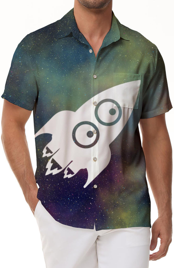 Galaxy Silver Sea White Cartoon Rocket Print Men's Short Sleeve Shirt Casual Button-down Top Hawaii Beach Seaside