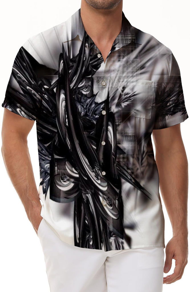 Black cartoon print pattern Hawaiian button-down short sleeve men's comfortable summer fashion comfortable breathable shirt